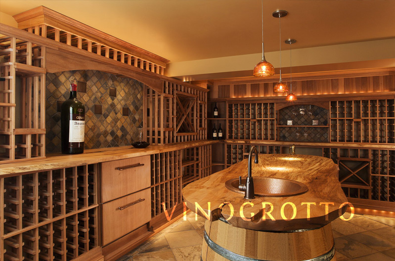 Custom wine cellar with barrel center table